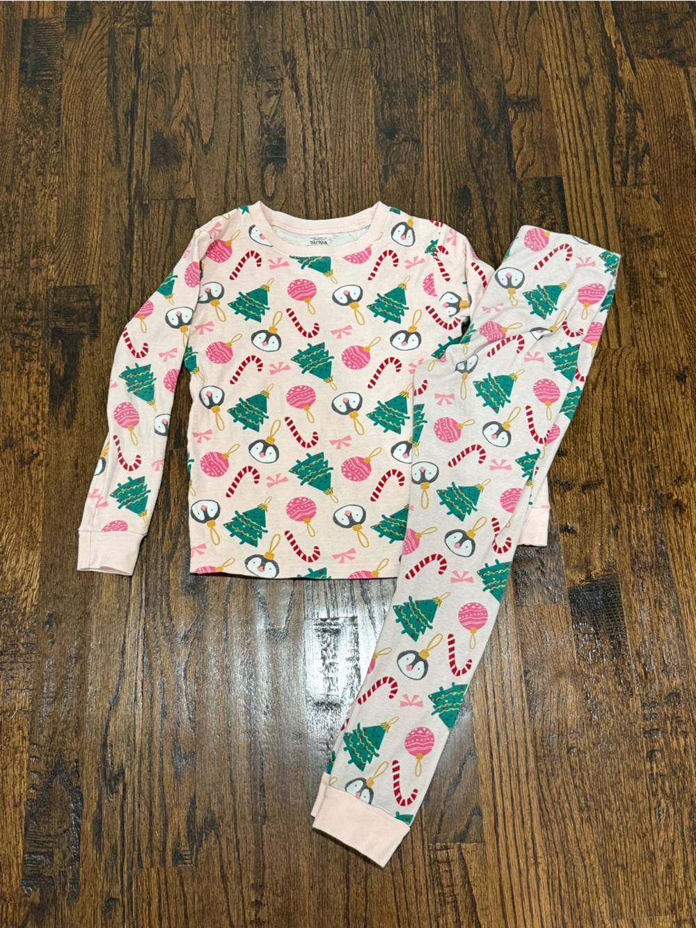 Girls Christmas Pink Pajamas Long Sleeve Set Candy Canes Penguins Carters 10